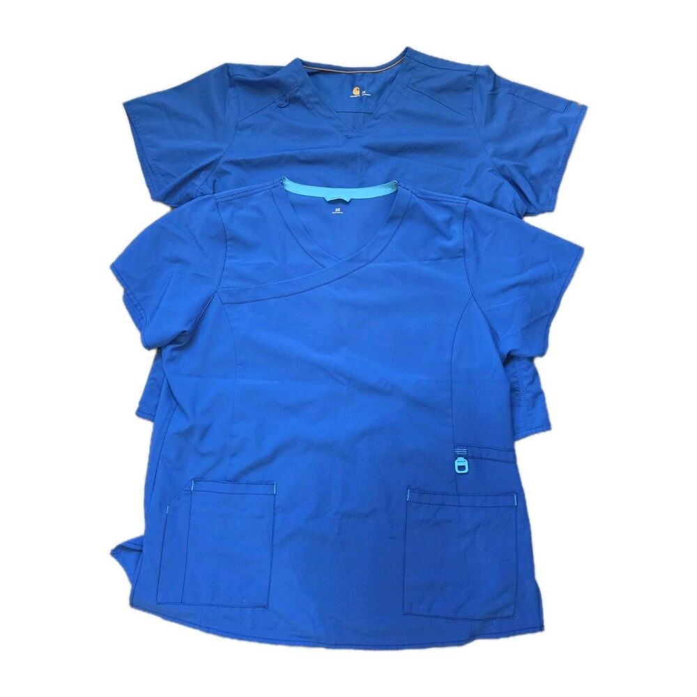 Lot 2 Carhartt Force Scrub Tops Blue V Neck Medical Uniform Women 2X EUC